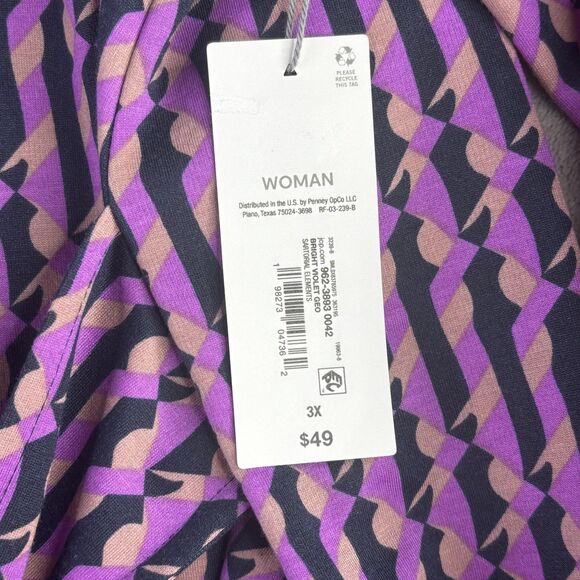 Liz Claiborne Shirt Womens 3X Bright Violet Geo V-Neck Tie Front Long Sleeve - Picture 6 of 16